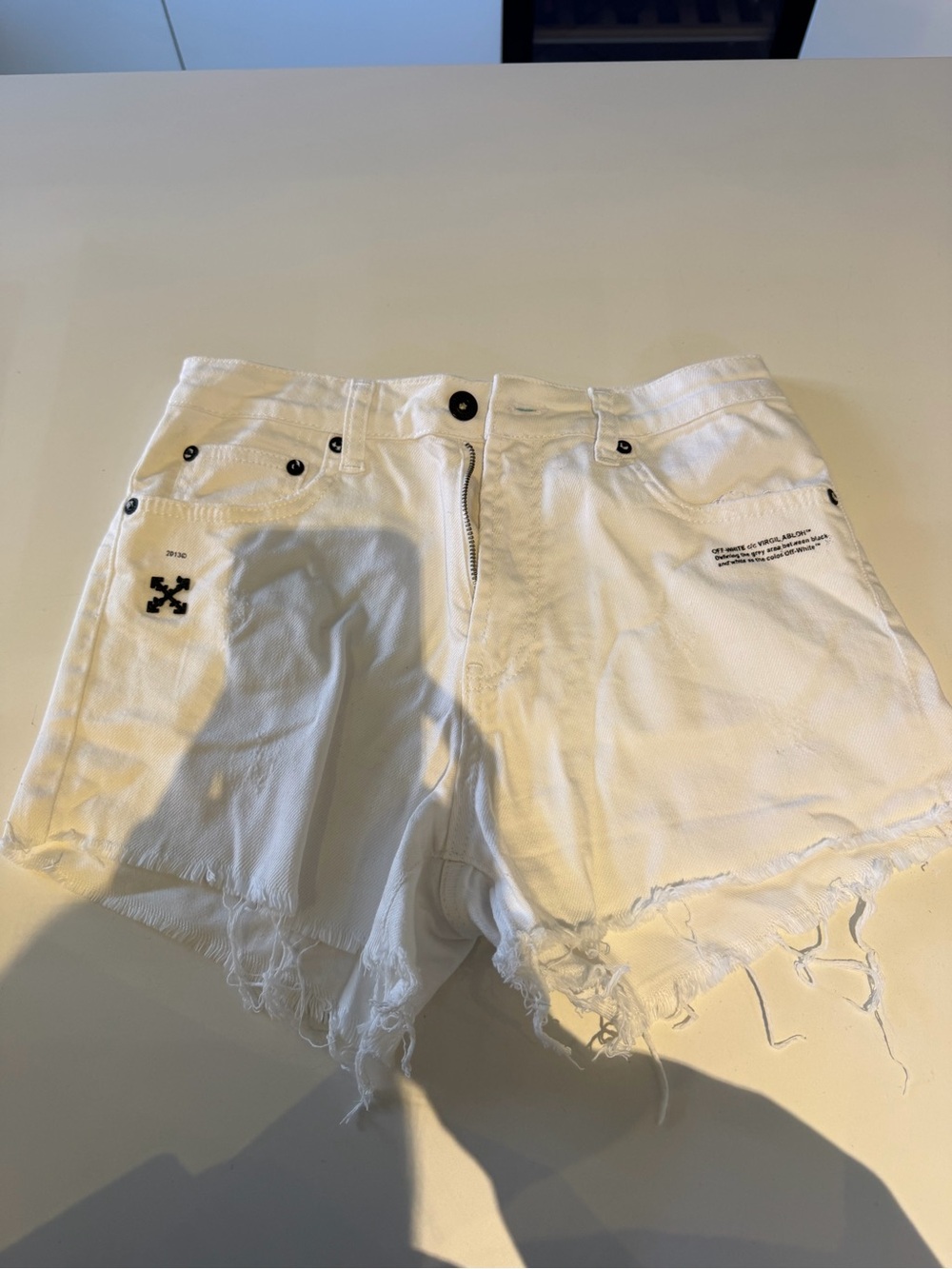 Off-White White Denim Cutoff Shorts with Arrow Pocket Detail | Size S